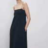 Minimalist Pocket Trim A Line Cotton Blend Summer Cami Maxi Sundress - Black