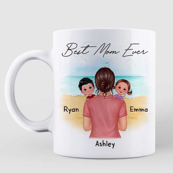 Mom Carrying Kids On Shoulder Best Mom Ever Beach Landscape Personalized Mug