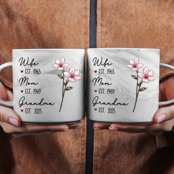 Mom Grandma Great Grandma Birth Flower - Personalized Marble Mug
