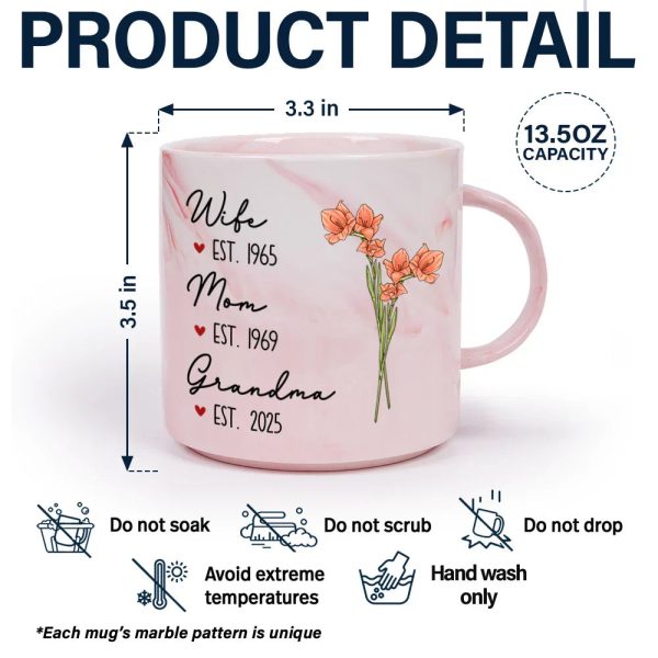 Mom Grandma Great Grandma Birth Flower - Personalized Marble Mug