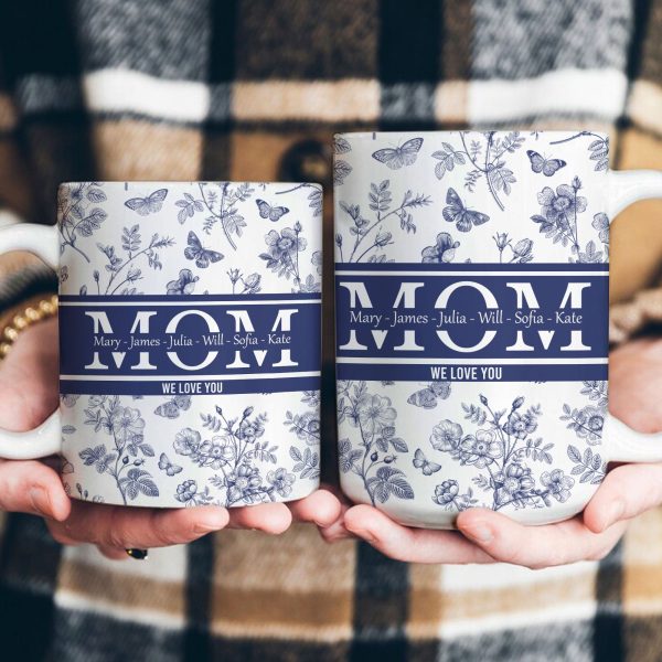 Mom, Mama, Grandma, Mimi With Kids' Names - Blue Toile De Jouy - Personalized Mug