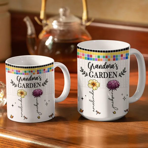Mosaic Tiles Birth Flower Grandma's Garden - Personalized White Edge-to-Edge Mug