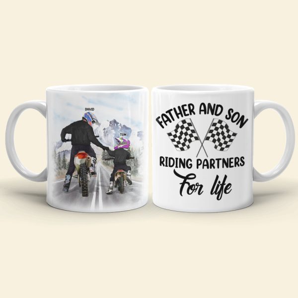 Motocross Father And Son Riding Partners For Life Personalized White Mug, Gift For Dirt Bike Family