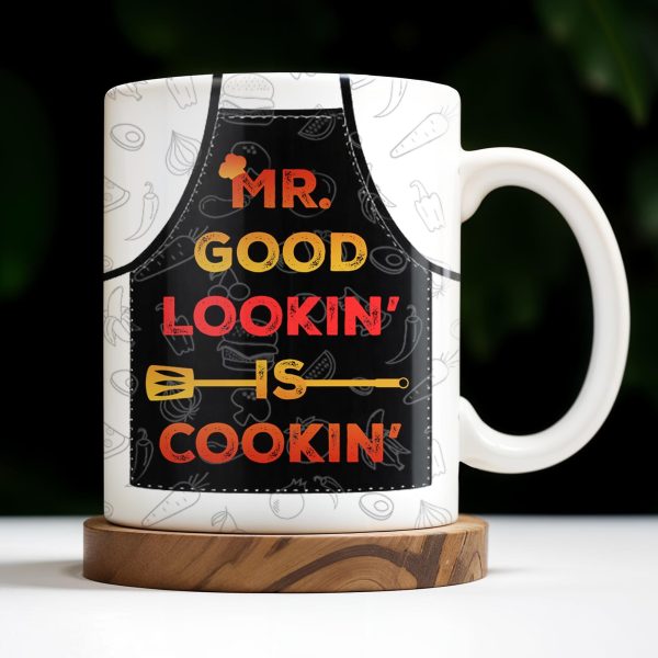 Mr. Good Lookin' Is Cookin' Apron And BBQ Grill Design - Personalized Custom Coffee Mug - GRILL004_MG