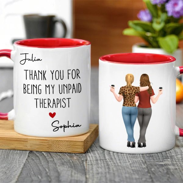 Mug with Hugging Friends Art, Thank You for Being My Unpaid Therapist, Customizable Unique Gift for Coworker or Best Friend
