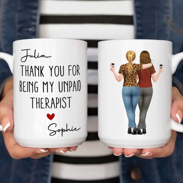 Mug with Hugging Friends Art, Thank You for Being My Unpaid Therapist, Customizable Unique Gift for Coworker or Best Friend
