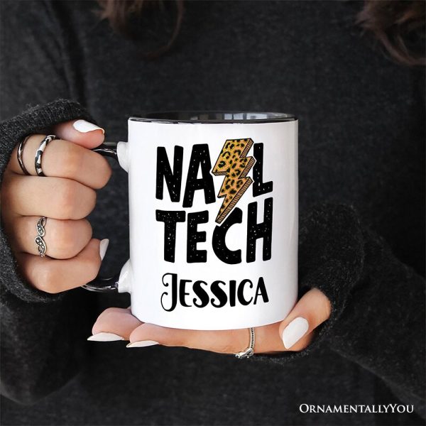 Nail Tech Leopard Lightning Personalized Mug, Retro Stylist Gift with Custom Name