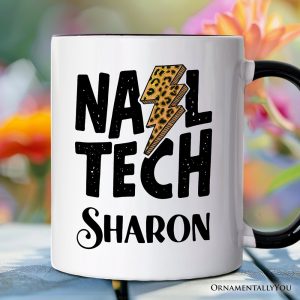 Nail Tech Leopard Lightning Personalized Mug, Retro Stylist Gift with Custom Name
