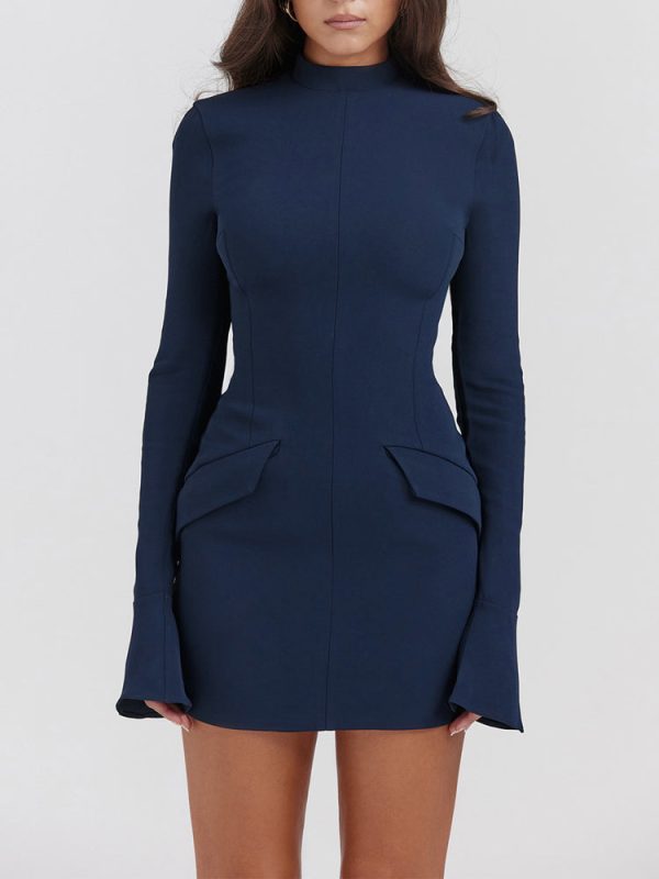 Navy Fluted Cuffs Long Sleeve Bodycon Mini Dress