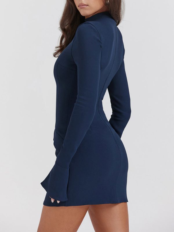 Navy Fluted Cuffs Long Sleeve Bodycon Mini Dress