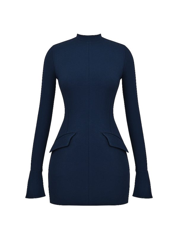 Navy Fluted Cuffs Long Sleeve Bodycon Mini Dress