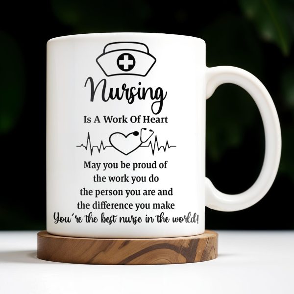 Nursing Is A Work Of Heart, Nurse Cap And Heart Rate Line - Personalized Custom Coffee Mug - DOC033_MG
