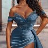 Off Shoulder Plunge Neck High Side Slit Maxi Dress