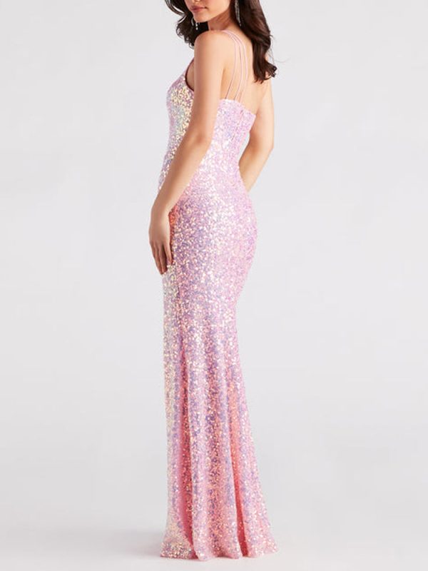 One-Shoulder Sequin High Side Slit A-line Formal Dress