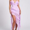 Open Back Ruffle Frill V Neck Split Maxi Dress