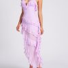 Open Back Ruffle Frill V Neck Split Maxi Dress