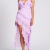 Open Back Ruffle Frill V Neck Split Maxi Dress