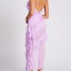 Open Back Ruffle Frill V Neck Split Maxi Dress