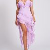 Open Back Ruffle Frill V Neck Split Maxi Dress