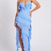 Open Back Ruffle Frill V Neck Split Maxi Dress