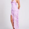 Open Back Ruffle Frill V Neck Split Maxi Dress
