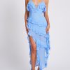 Open Back Ruffle Frill V Neck Split Maxi Dress