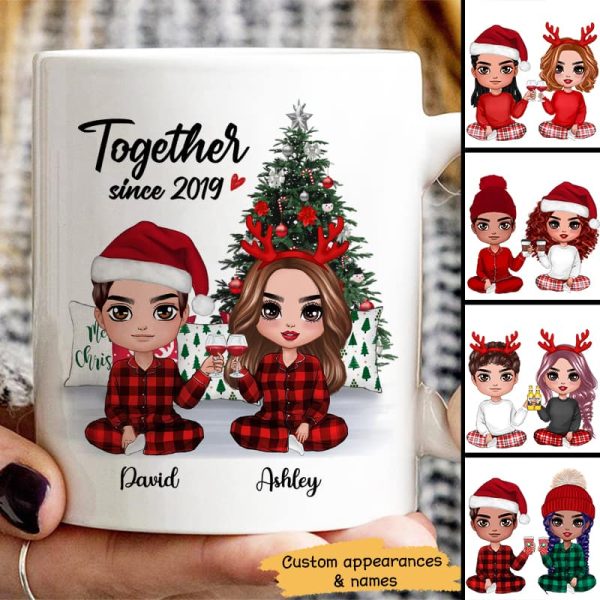 Pajama Doll Couple Sitting Beside Christmas Tree Personalized Mug