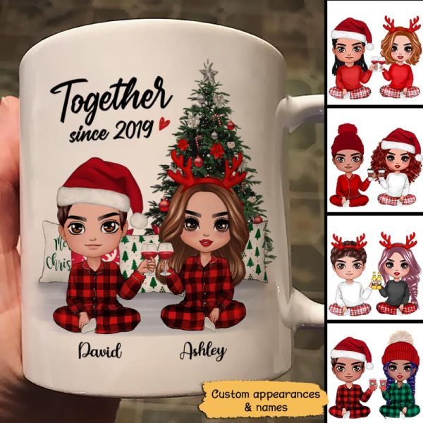 Pajama Doll Couple Sitting Beside Christmas Tree Personalized Mug