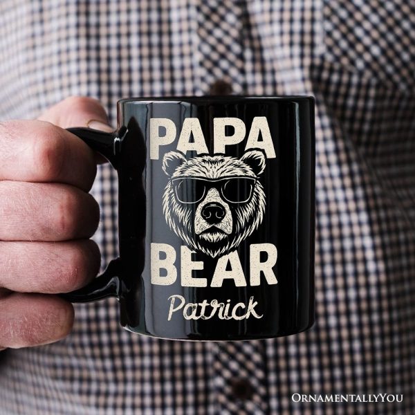 Papa Bear Sunglasses Personalized Mug, Black Vintage Gift with Custom Name for Cool Dads