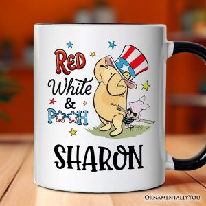 Patriotic Red White & Proud Personalized Mug, 4th of July Celebration Pooh Bear Gift with Custom Name