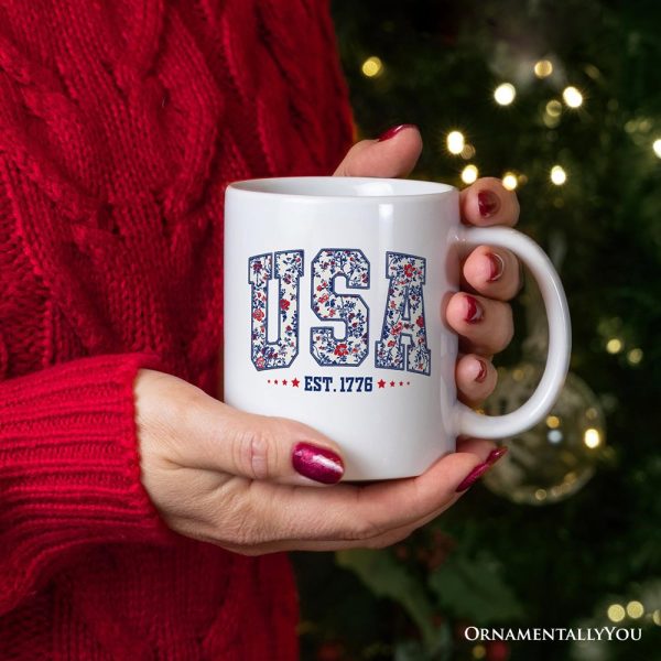 Patriotic USA Floral Personalized Mug, 1776 Independence Day Gift with Custom Name