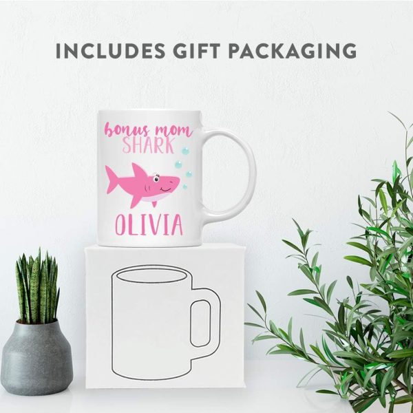 Personalized Bonus Mom Shark Coffee Mug Custom Name Mug Gift for Stepmom Birthday Mother's Day Christmas Gift