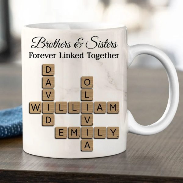Personalized Brothers And Sisters Mug With Crossword Names White Ceramic Mug Unique Sibling Gift Keepsake