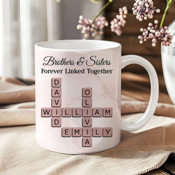 Personalized Brothers And Sisters Mug With Crossword Names White Ceramic Mug Unique Sibling Gift Keepsake