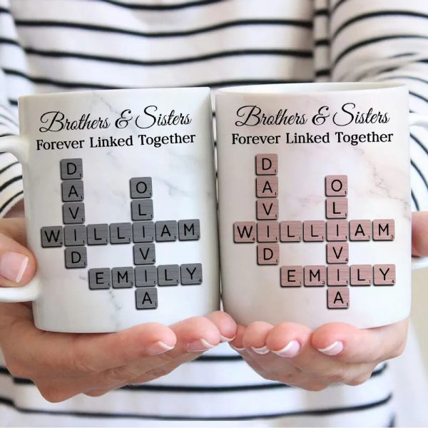 Personalized Brothers And Sisters Mug With Crossword Names White Ceramic Mug Unique Sibling Gift Keepsake