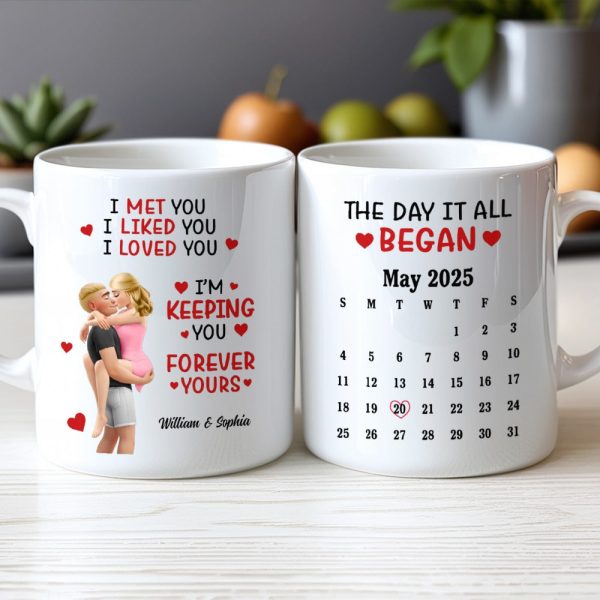 Personalized Ceramic Mug Calendar 'The Day It All Began' Couple Design - Unique Valentine's Gift For Girlfriend Or Boyfriend