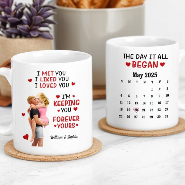 Personalized Ceramic Mug Calendar 'The Day It All Began' Couple Design - Unique Valentine's Gift For Girlfriend Or Boyfriend