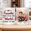Personalized Ceramic Mug Cartoon Couple Sitting by City Skyline Unique Romantic Gift for Him or Her