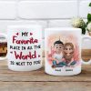 Personalized Ceramic Mug Cartoon Couple Sitting by City Skyline Unique Romantic Gift for Him or Her