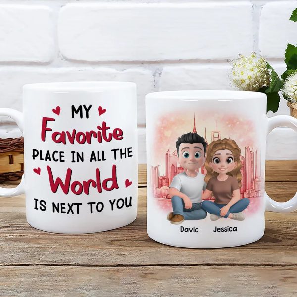 Personalized Ceramic Mug Cartoon Couple Sitting by City Skyline Unique Romantic Gift for Him or Her