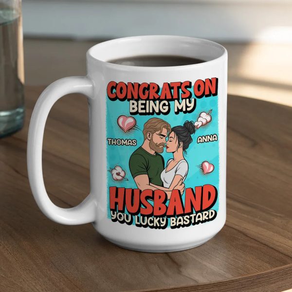 Personalized Ceramic Mug Congrats On Being My Husband Cute Cartoon Couple Hugging Funny Unique Gift For Him