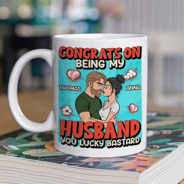 Personalized Ceramic Mug Congrats On Being My Husband Cute Cartoon Couple Hugging Funny Unique Gift For Him