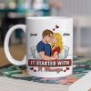 Personalized Ceramic Mug It Started With A Message Couple Hugging Cute Cartoon Style Unique Romantic Gift