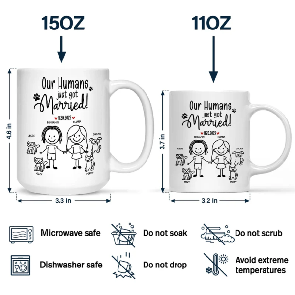 Personalized Ceramic Mug Our Humans Are Getting Married Stick Figure Couple Holding Hands Cute Pet Paws Unique Gift