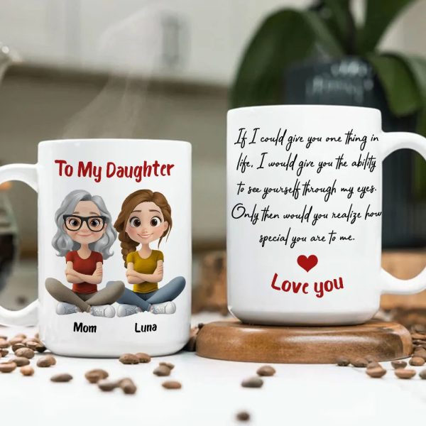 Personalized Ceramic Mug To My Daughter with Cute Mom and Daughter Illustration, Unique Gift for Daily Coffee Love