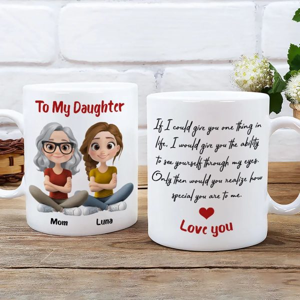 Personalized Ceramic Mug To My Daughter with Cute Mom and Daughter Illustration, Unique Gift for Daily Coffee Love