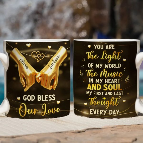 Personalized Ceramic Mug With Holding Hands and Heart, Romantic Custom Gift for Couple, You Are The Light Of My World