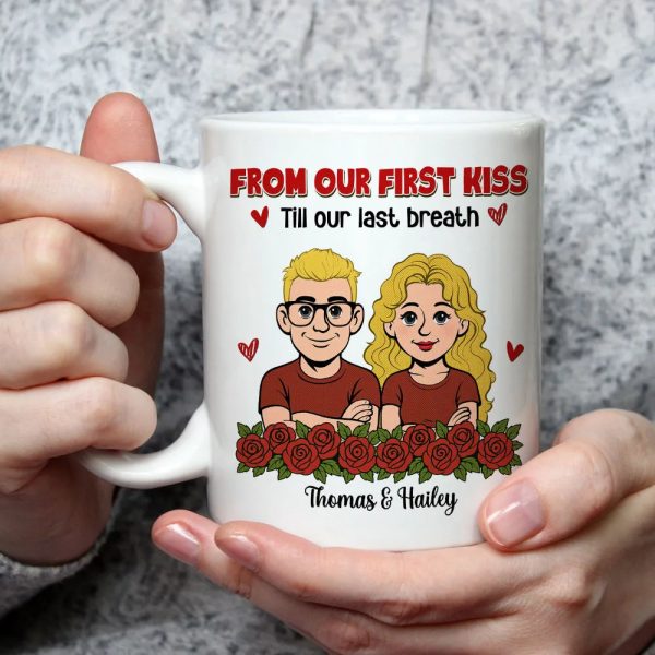Personalized Couple Cartoon White Ceramic Mug, From Our First Kiss Till Our Last Breath, Unique Romantic Gift