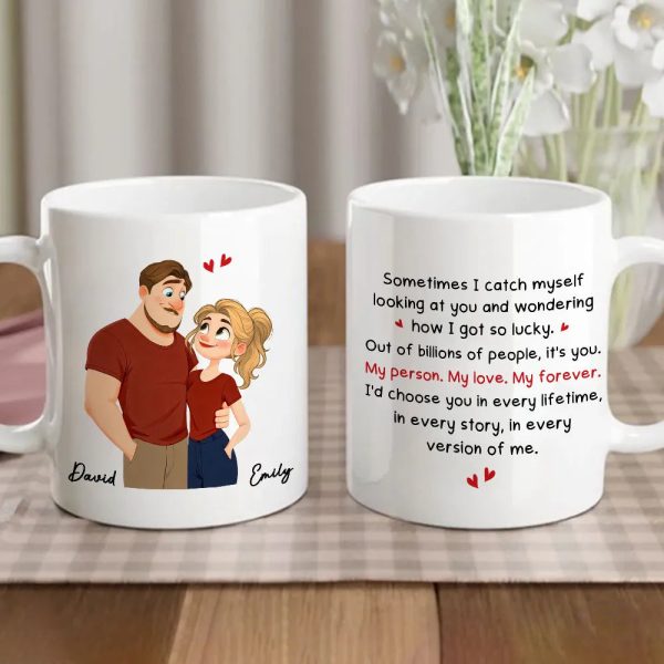 Personalized Couple Quote Ceramic Mug, Hugging Illustration for Morning Coffee, Unique Romantic Gift for Him or Her