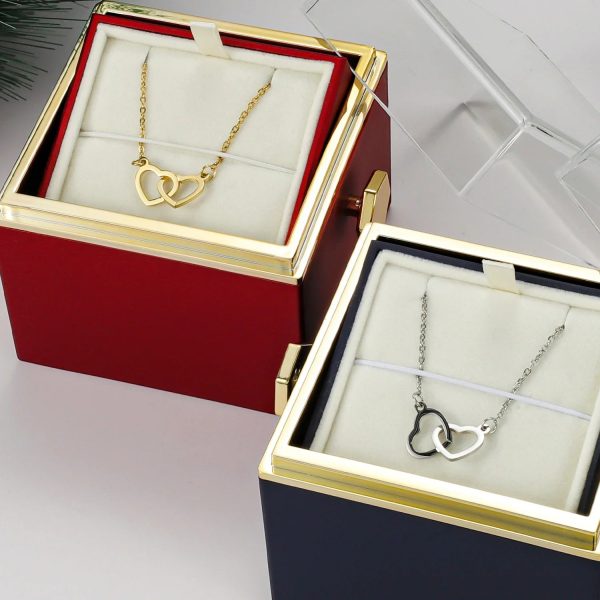 Personalized Double Heart Necklace with Rose Gift Box